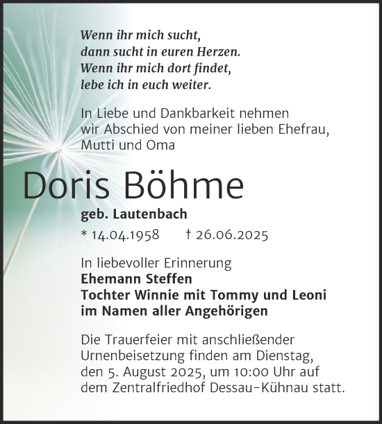 Traueranzeige von Doris Böhme von Trauerkombi Dessau