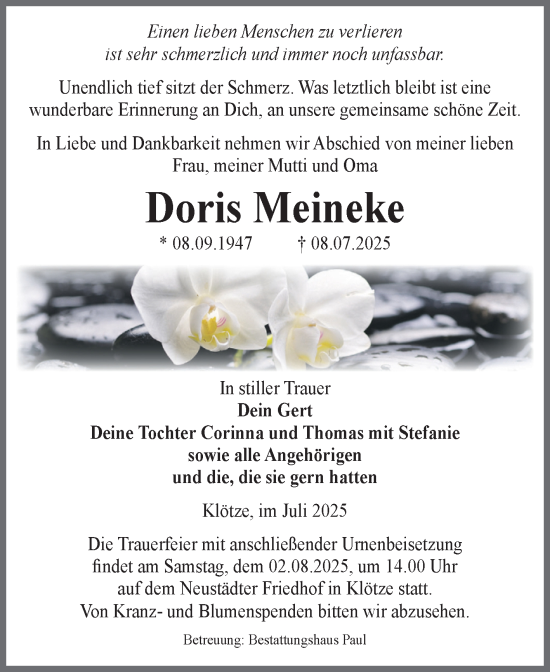 Traueranzeige von Doris Meineke von Volksstimme Altmark West