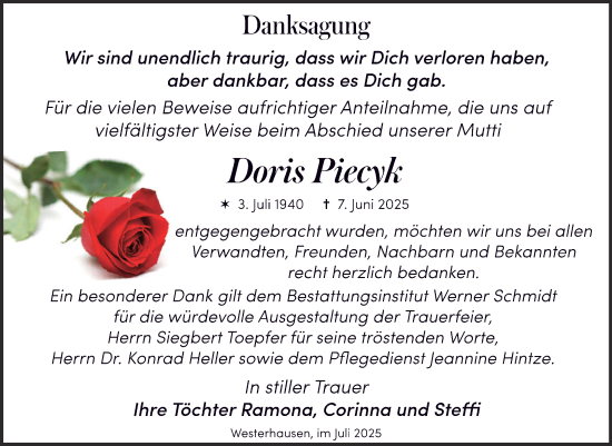 Traueranzeige von Doris Piecyk von Trauerkombi Quedlinburg