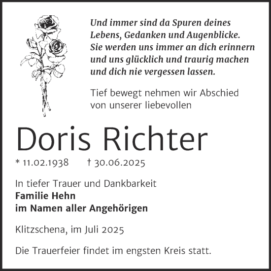 Traueranzeige von Doris Richter von Trauerkombi Wittenberg