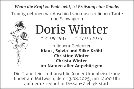 Traueranzeige von Doris Winter von Trauerkombi Dessau