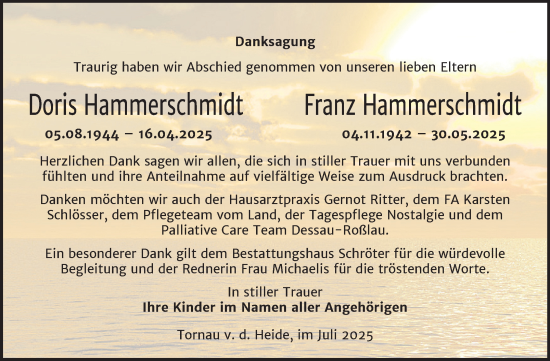 Traueranzeige von Doris und Franz Hammerschmidt von Trauerkombi Bitterfeld