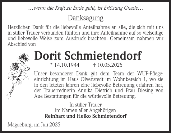 Traueranzeige von Dorit Schmietendorf von Volksstimme Magdeburg