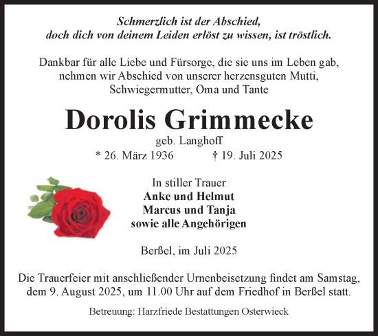 Traueranzeige von Dorolis Grimmecke von Volksstimme Halberstadt