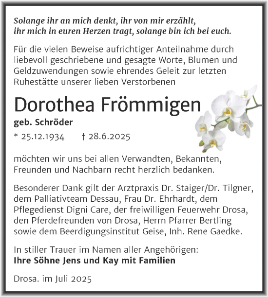 Traueranzeige von Dorothea Frömmigen von Trauerkombi Köthen
