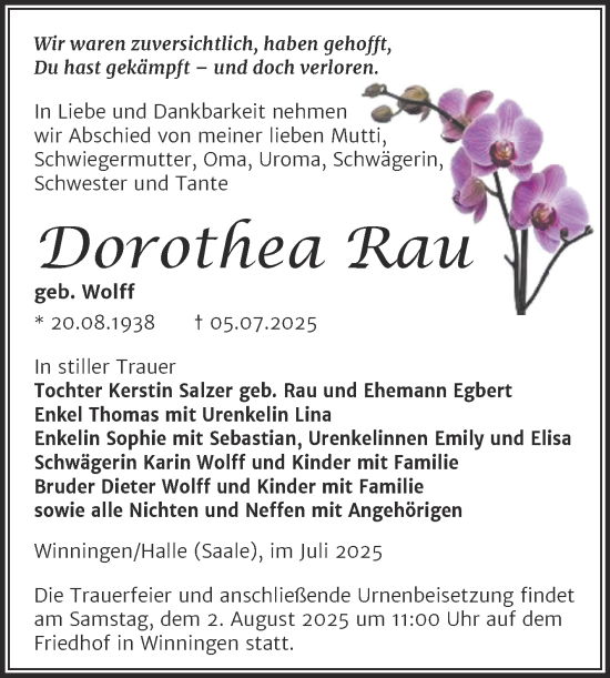 Traueranzeige von Dorothea Rau von Trauerkombi Aschersleben