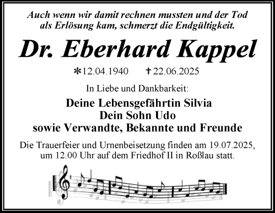 Traueranzeige von Eberhard Kappel von Trauerkombi Dessau