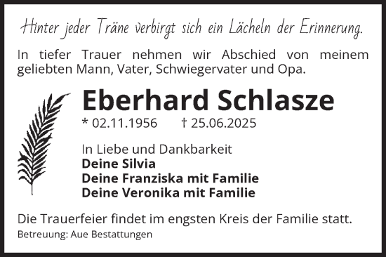 Traueranzeige von Eberhard Schlasze von Volksstimme Magdeburg