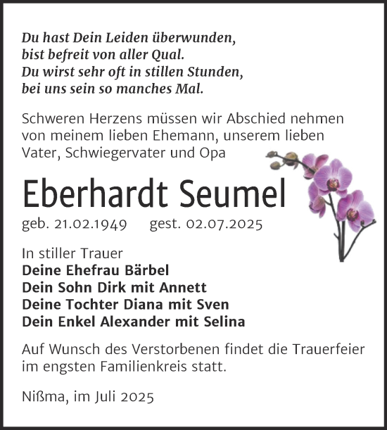 Traueranzeige von Eberhardt Seumel von Trauerkombi Zeitz