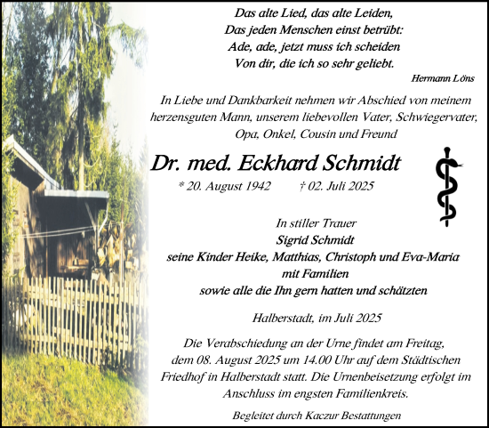 Traueranzeige von Eckhard Schmidt von Volksstimme Halberstadt