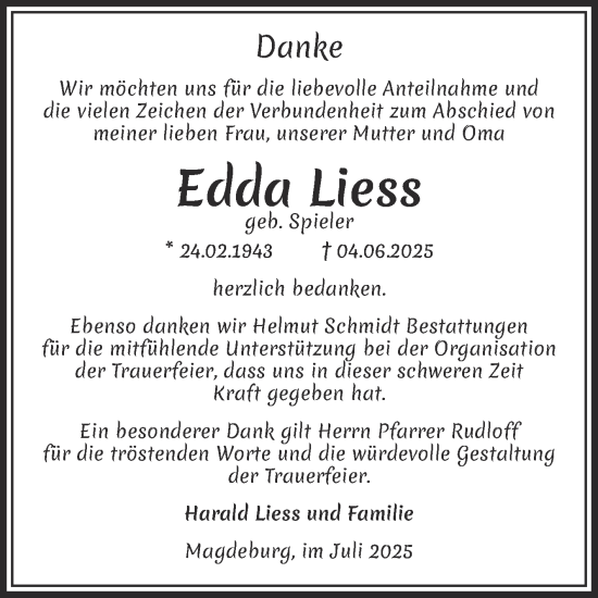 Traueranzeige von Edda Liess von Volksstimme Magdeburg