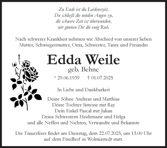Traueranzeige von Edda Weile von Volksstimme Haldensleben/Wolmirstedt