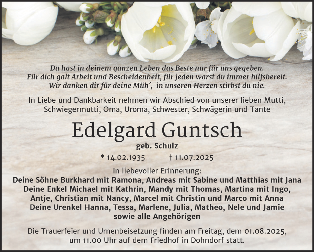  Traueranzeige für Edelgard Guntsch vom 19.07.2025 aus Trauerkombi Köthen