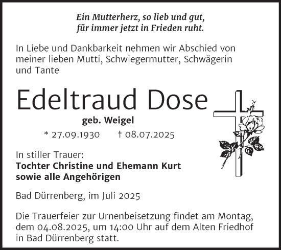 Traueranzeige von Edeltraud Dose von Trauerkombi Weißenfels