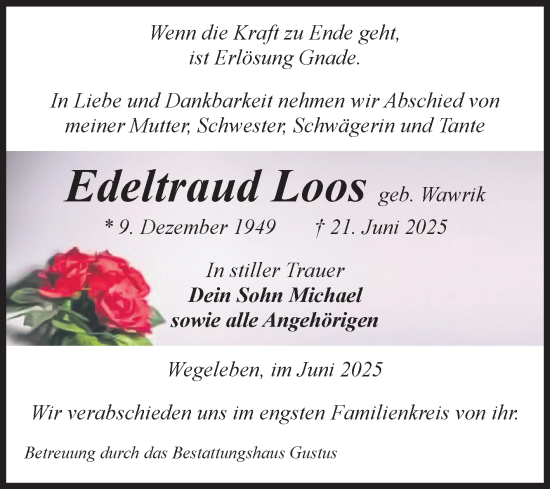 Traueranzeige von Edeltraud Loos von Volksstimme Halberstadt
