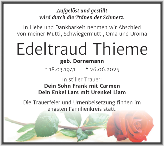 Traueranzeige von Edeltraud Thieme von Trauerkombi Mansfelder Land