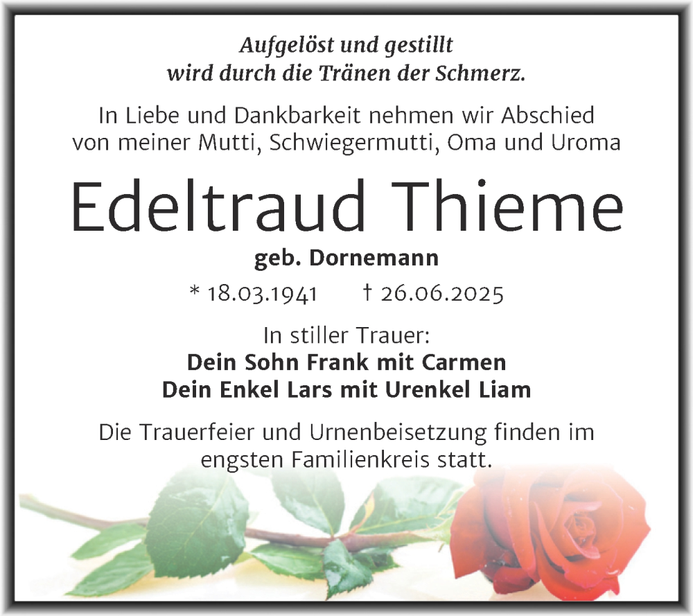  Traueranzeige für Edeltraud Thieme vom 12.07.2025 aus Trauerkombi Mansfelder Land