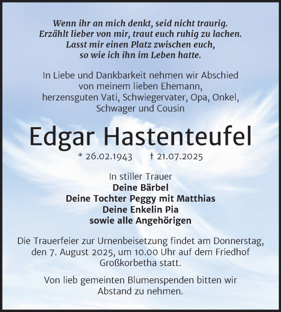 Traueranzeige von Edgar Hastenteufel von Trauerkombi Weißenfels