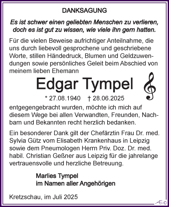 Traueranzeige von Edgar Tympel von Trauerkombi Zeitz