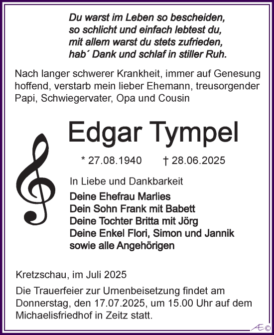 Traueranzeige von Edgar Tympel von Trauerkombi Zeitz