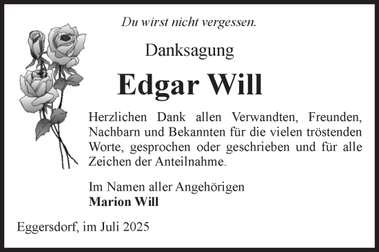 Traueranzeige von Edgar Will von Volksstimme Schönebeck