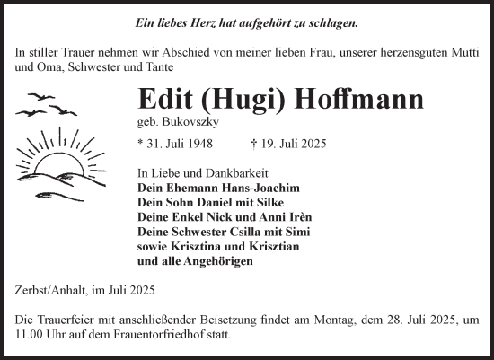 Traueranzeige von Edit Hoffmann von Volksstimme Zerbst