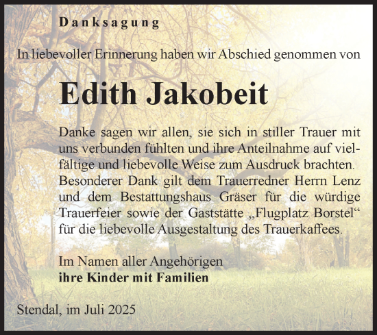 Traueranzeige von Edith Jakobeit von Volksstimme Altmark Ost