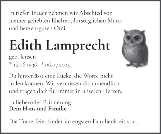 Traueranzeige von Edith Lamprecht von Mitteldeutsche Zeitung Halle/Saalkreis