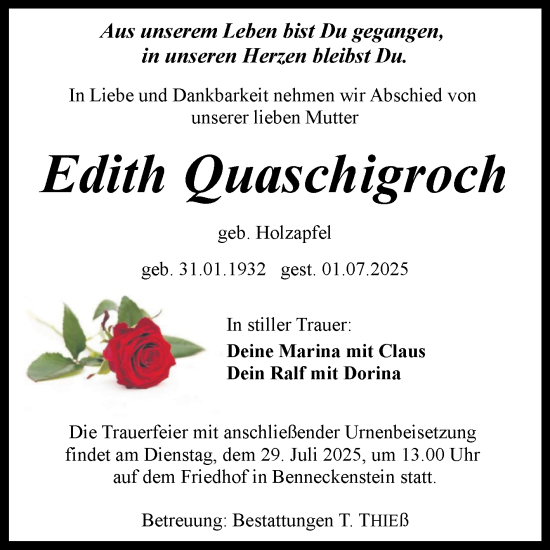Traueranzeige von Edith Quaschigroch von Volksstimme Wernigerode