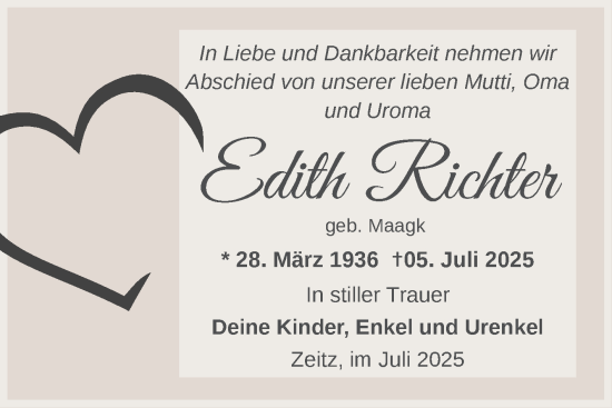 Traueranzeige von Edith Richter von Trauerkombi Zeitz