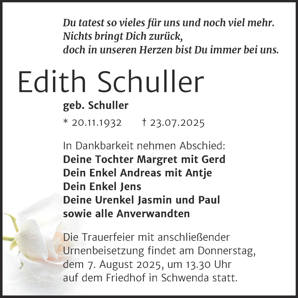  Traueranzeige für Edith Schuller vom 30.07.2025 aus Trauerkombi Sangerhausen