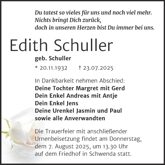 Traueranzeige von Edith Schuller von Trauerkombi Sangerhausen