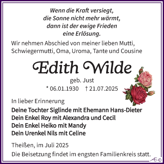 Traueranzeige von Edith Wilde von Trauerkombi Zeitz