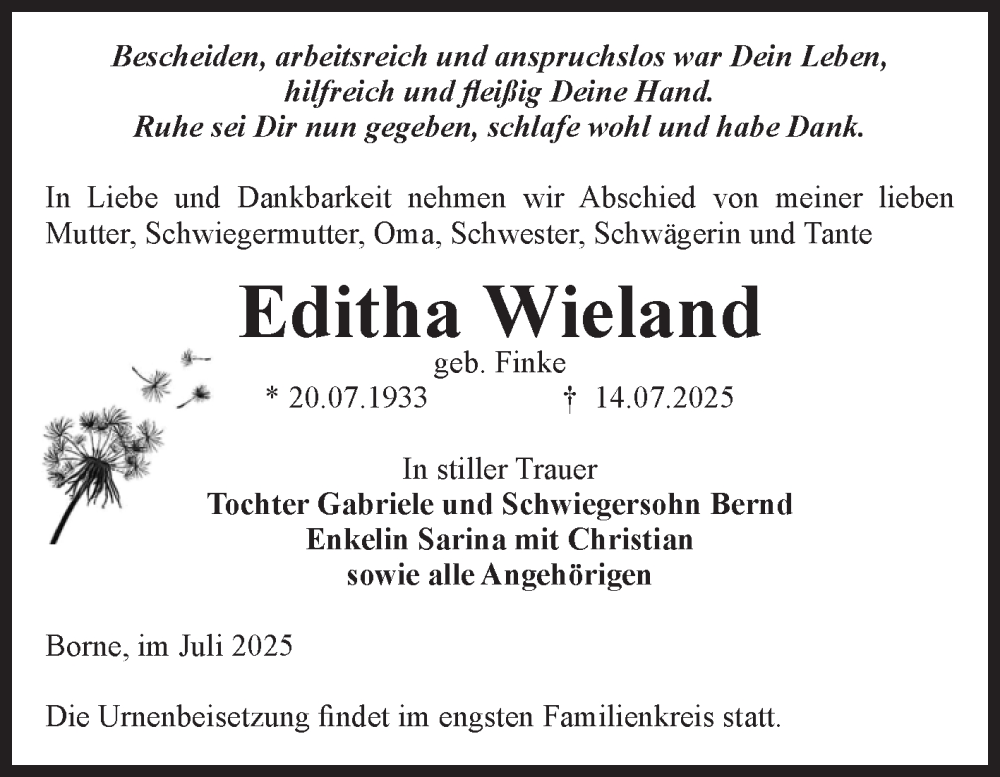 Traueranzeige für Editha Wieland vom 19.07.2025 aus Volksstimme Staßfurt