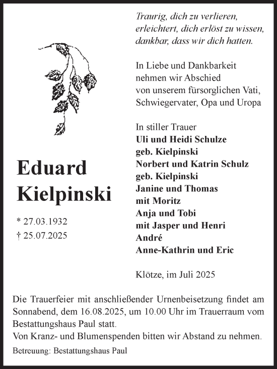 Traueranzeige von Eduard Kielpinski von Volksstimme Altmark West