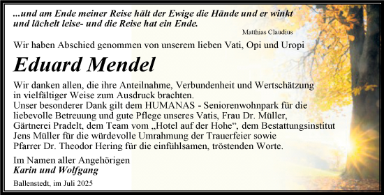 Traueranzeige von Eduard Mendel von Trauerkombi Quedlinburg