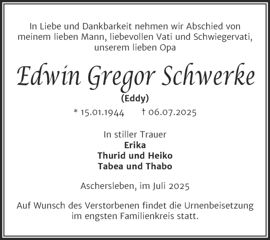 Traueranzeige von Edwin Gregor Schwerke von Trauerkombi Aschersleben