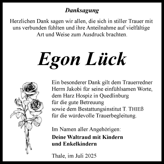 Traueranzeige von Egon Lück von Trauerkombi Quedlinburg