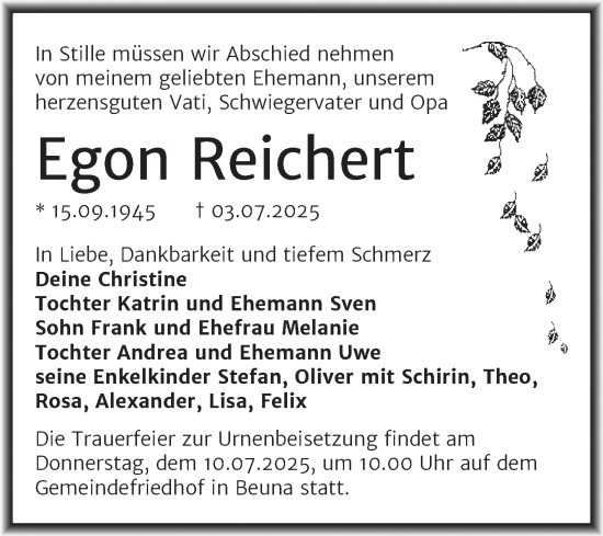 Traueranzeige von Egon Reichert von Trauerkombi Merseburg