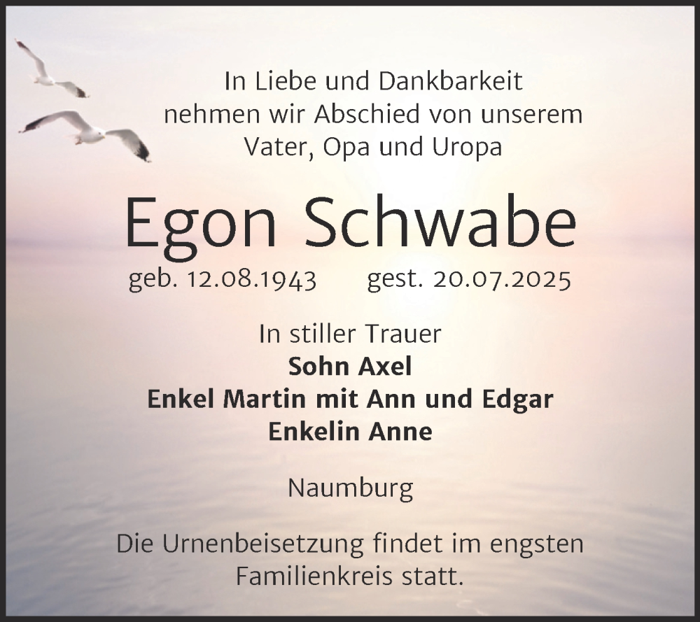  Traueranzeige für Egon Schwabe vom 26.07.2025 aus Naumburger Tageblatt