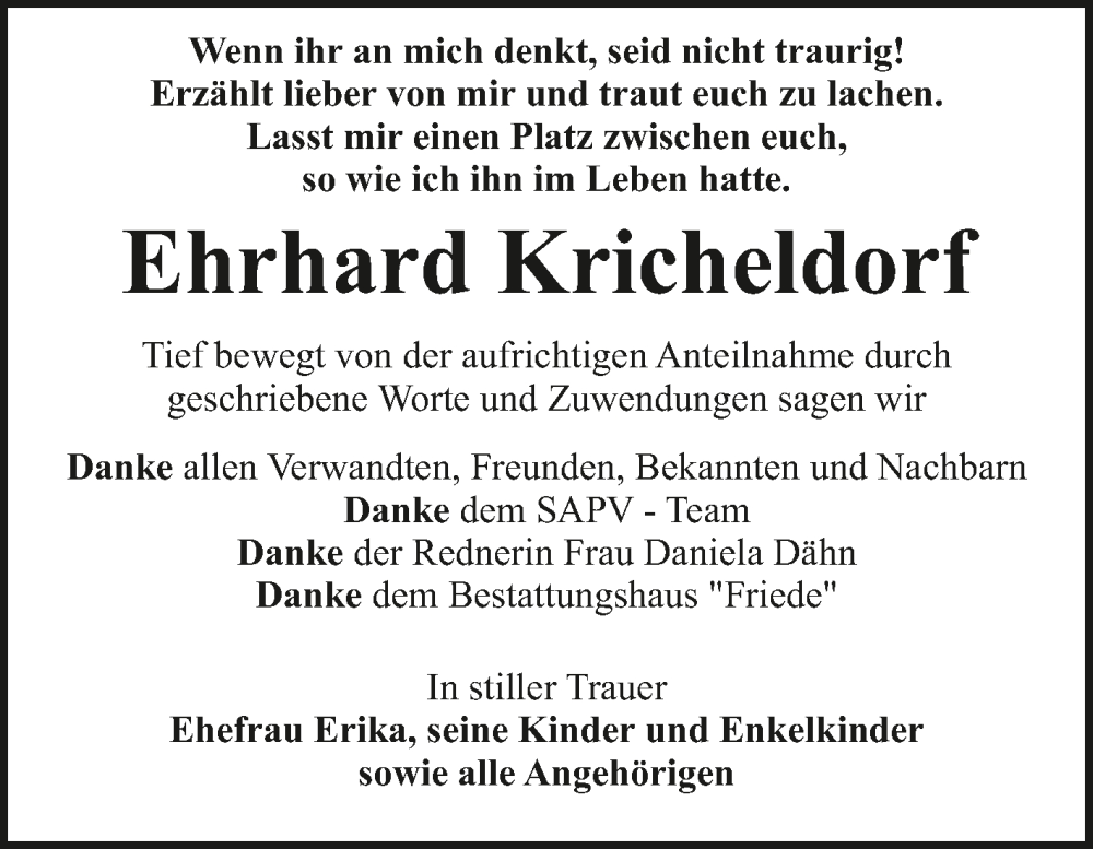  Traueranzeige für Ehrhard Kricheldorf vom 19.07.2025 aus Trauerkombi Dessau