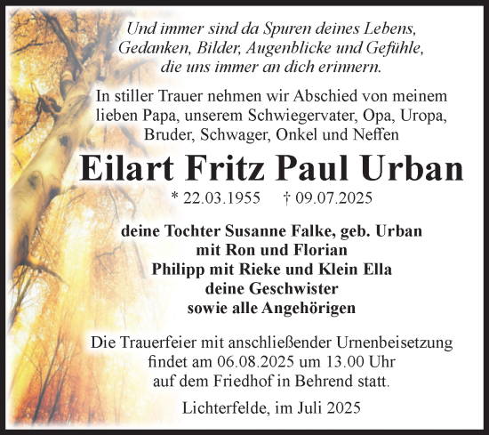Traueranzeige von Eilart Fritz Paul Urban von Volksstimme Altmark Ost