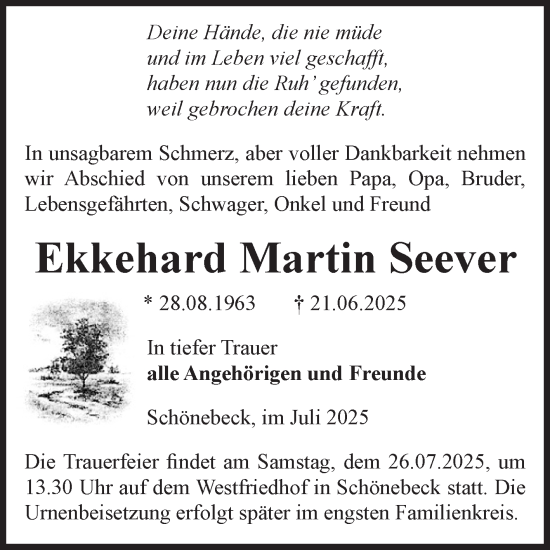 Traueranzeige von Ekkehard Martin Seever von Volksstimme Schönebeck