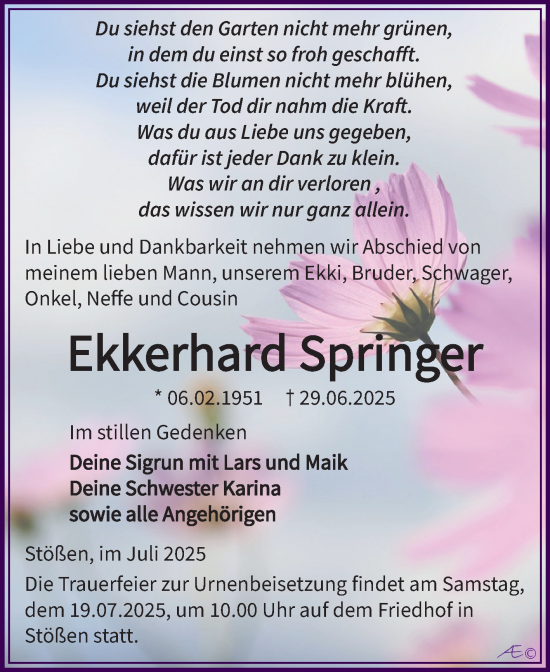 Traueranzeige von Ekkerhard Springer von Super Sonntag Naumburg/Nebra