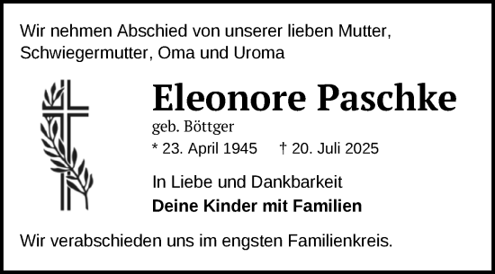 Traueranzeige von Eleonore Paschke von Volksstimme Oschersleben/Wanzleben