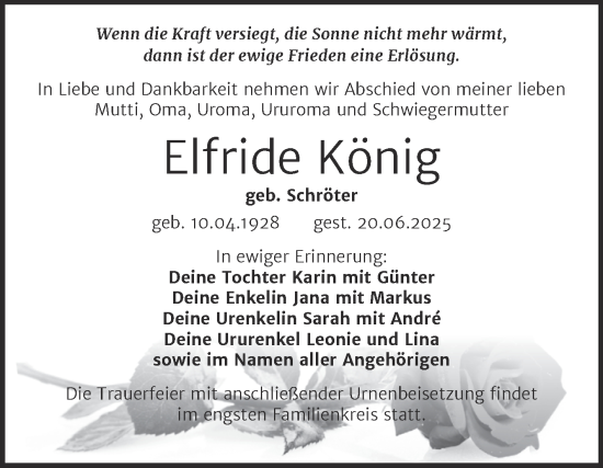 Traueranzeige von Elfride König von Trauerkombi Bitterfeld