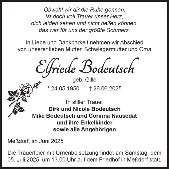 Traueranzeige von Elfriede Bodeutsch von Volksstimme Altmark Ost