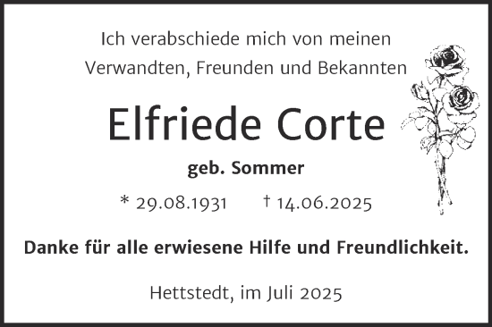 Traueranzeige von Elfriede Corte von Trauerkombi Mansfelder Land