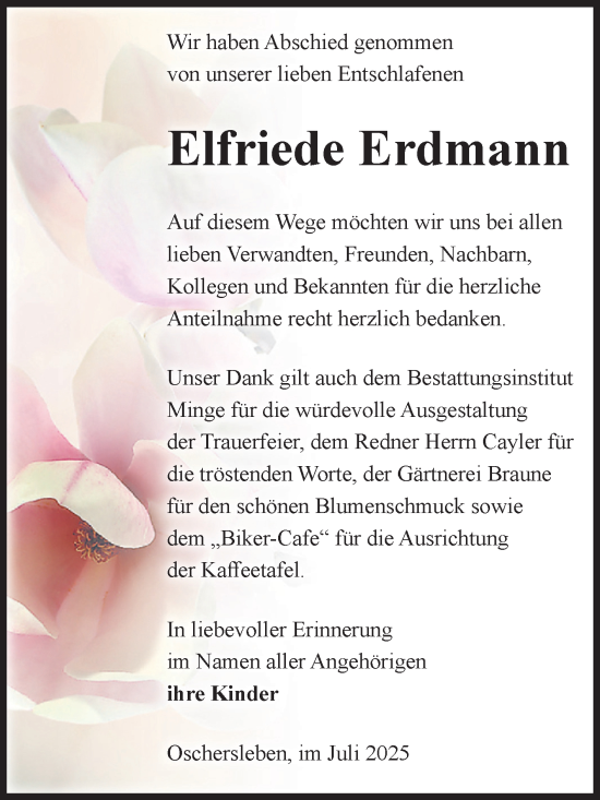 Traueranzeige von Elfriede Erdmann von Volksstimme Oschersleben/Wanzleben