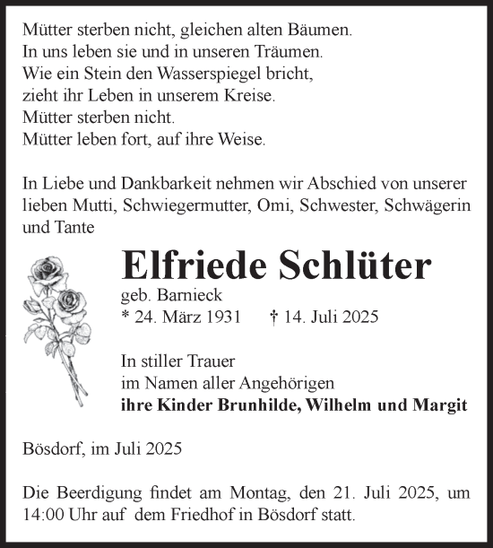 Traueranzeige von Elfriede Schlüter von Volksstimme Haldensleben/Wolmirstedt